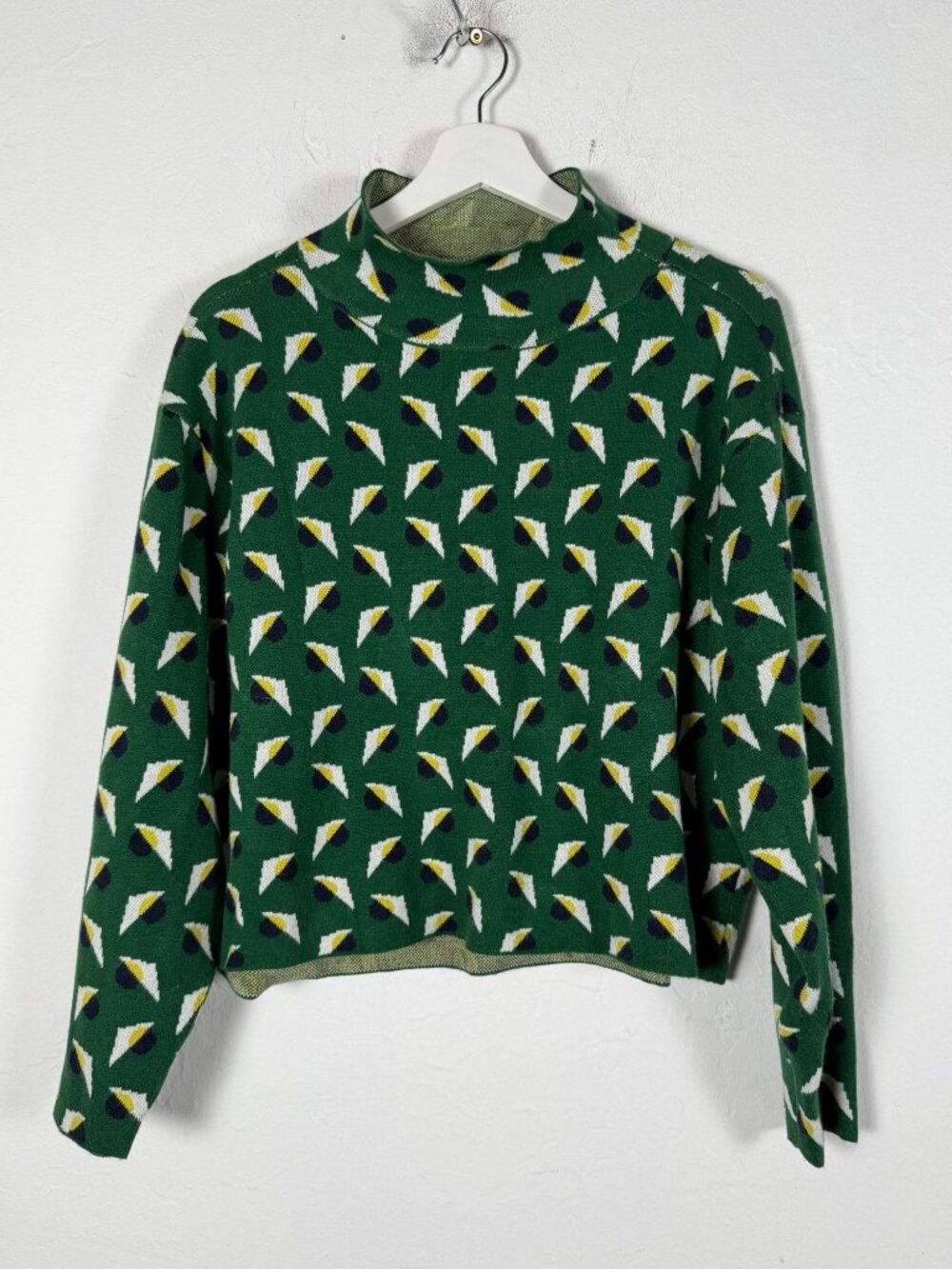 Maeve Anthropologie Women's XS Green Geometric Knit Sweater Mock Neck Cropped